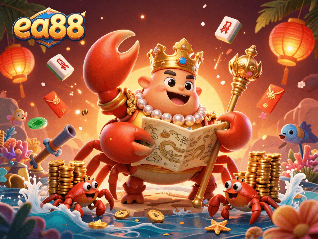 Experience the thrilling empire of ea88 with a golden crab emperor among vibrant casino elements and treasures.