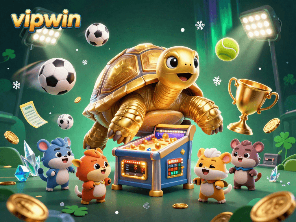 Play exciting games at vipwin with a golden tortoise pinball machine surrounded by dynamic sports elements.