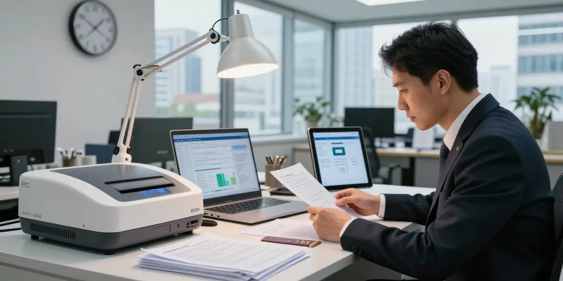 Document fraud detection process in a professional office, investigator analyzing various documents with high-tech equipment.