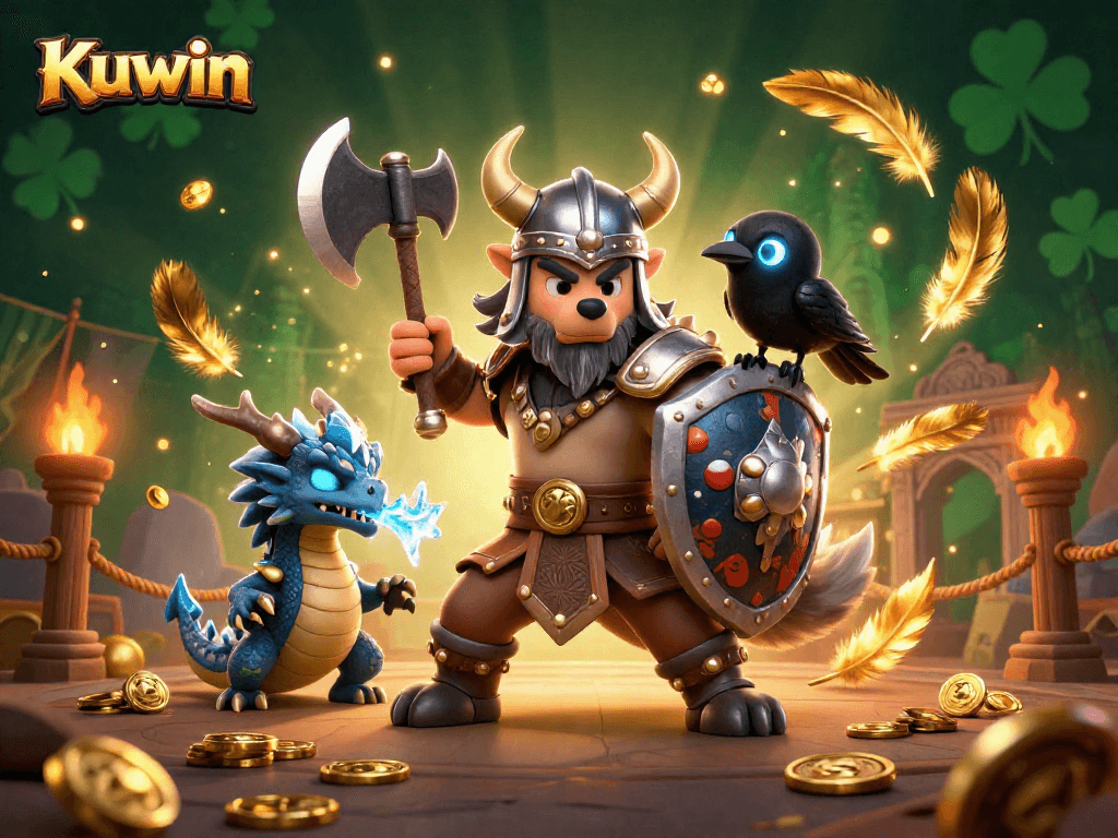 Kuwin Viking wolf warrior leads a fierce gaming scene with a dragon and raven amidst exciting casino elements.