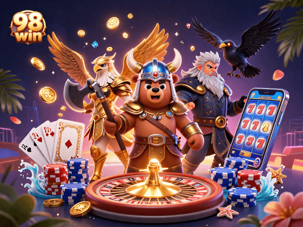 Experience thrilling games at 98 win with a captivating 3D casino scene showcasing Viking and Valkyrie characters.