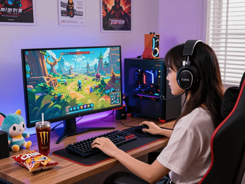 Engaging female porn game scene showcasing a female protagonist at a vibrant home gaming setup.