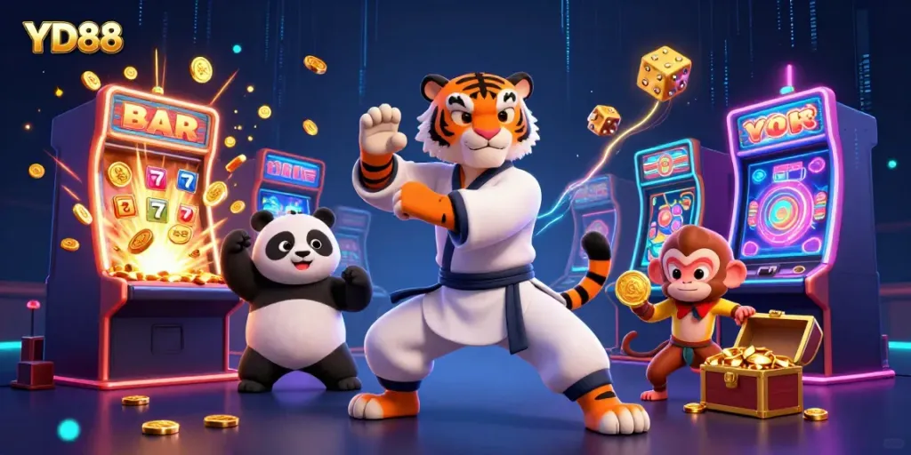 Engage in thrilling casino action with YD88, showcasing fun characters and an exciting jackpot scene.