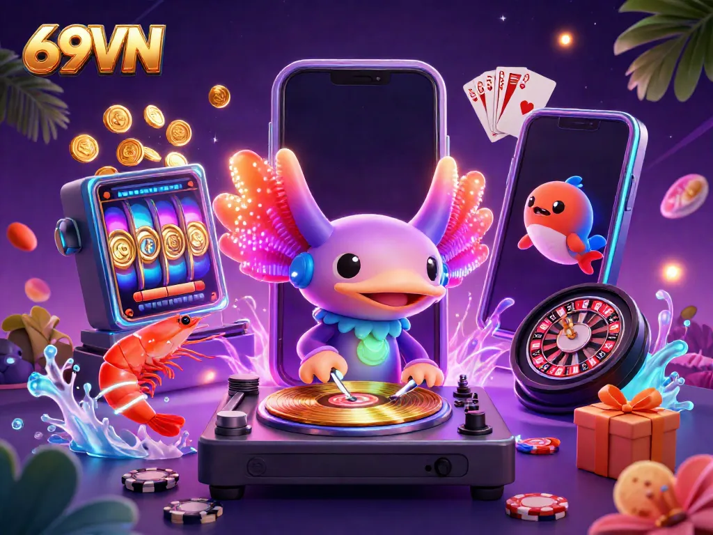 Engage in thrilling gaming and entertainment with an ultra-detailed 3D depiction of 69VN's vibrant casino world featuring unique characters.