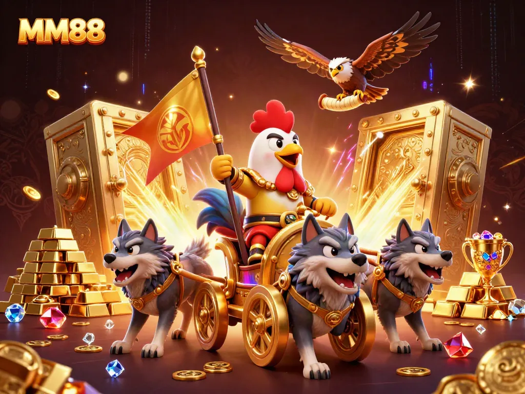 Engage in thrilling gameplay action with MM88 featuring a rooster warlord on a golden chariot amidst treasures.