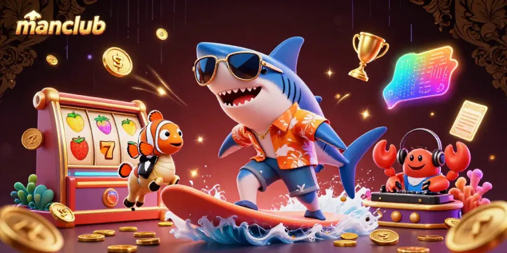 Experience the manclub excitement with jackpot wins and 3D gaming characters in a vibrant, detailed casino scene.