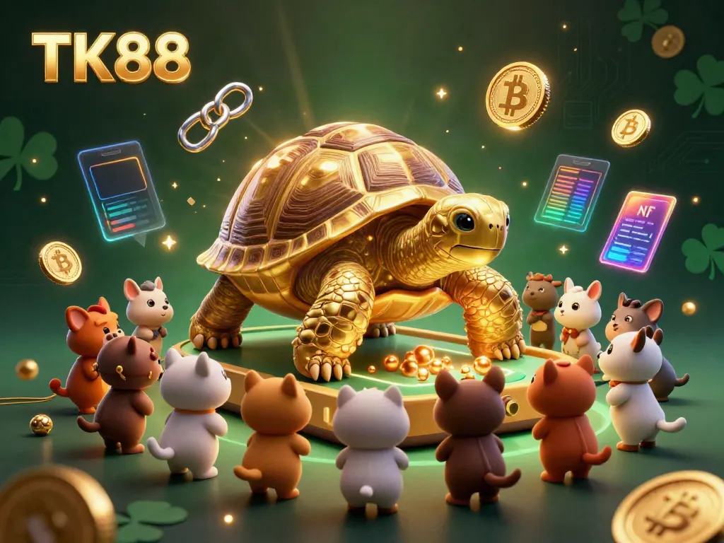 Play games and win exciting rewards at TK88, featuring a colossal golden tortoise as a pinball machine.