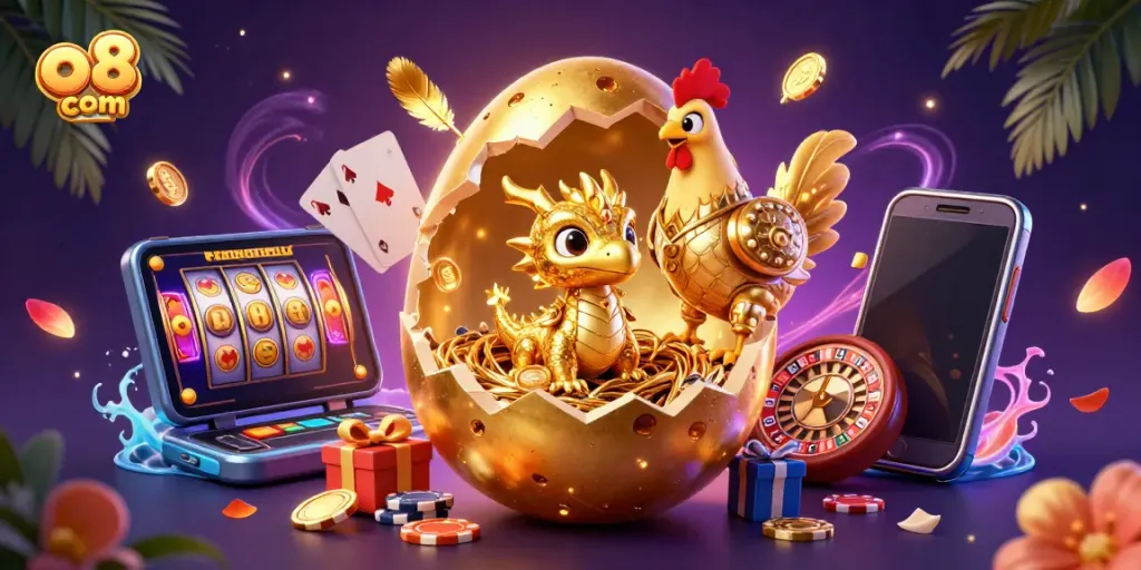 Experience excitement at o8 com with a golden dragon amidst casino treasures and dynamic gaming elements.