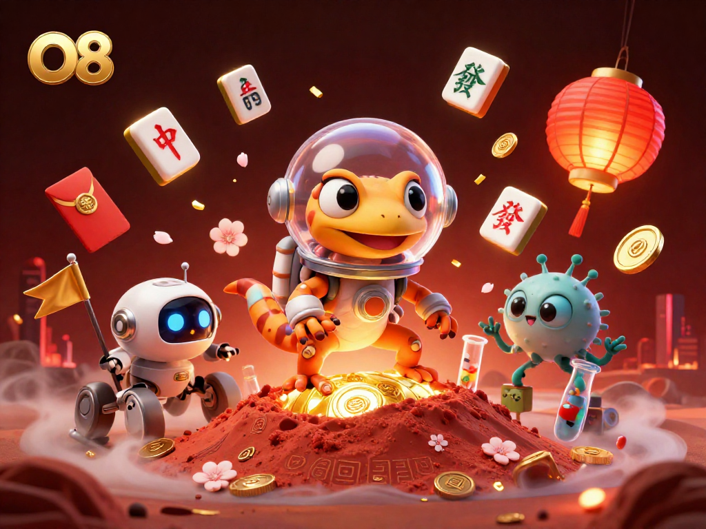 O8 showcases an engaging 3D Martian gecko and robot at a golden casino, celebrating winnings.