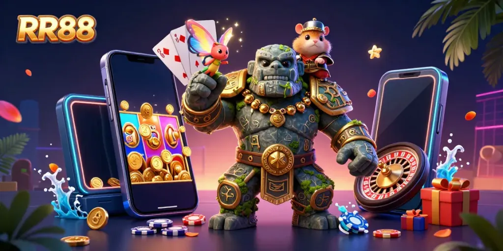 Experience the excitement of RR88 with a golem, fairy, and hamster knight amid dynamic casino elements.