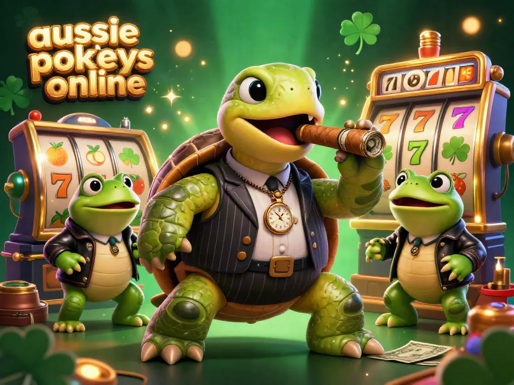 Engage with aussie pokies online in this vibrant casino illustration featuring a snapping turtle and bullfrog enforcers.