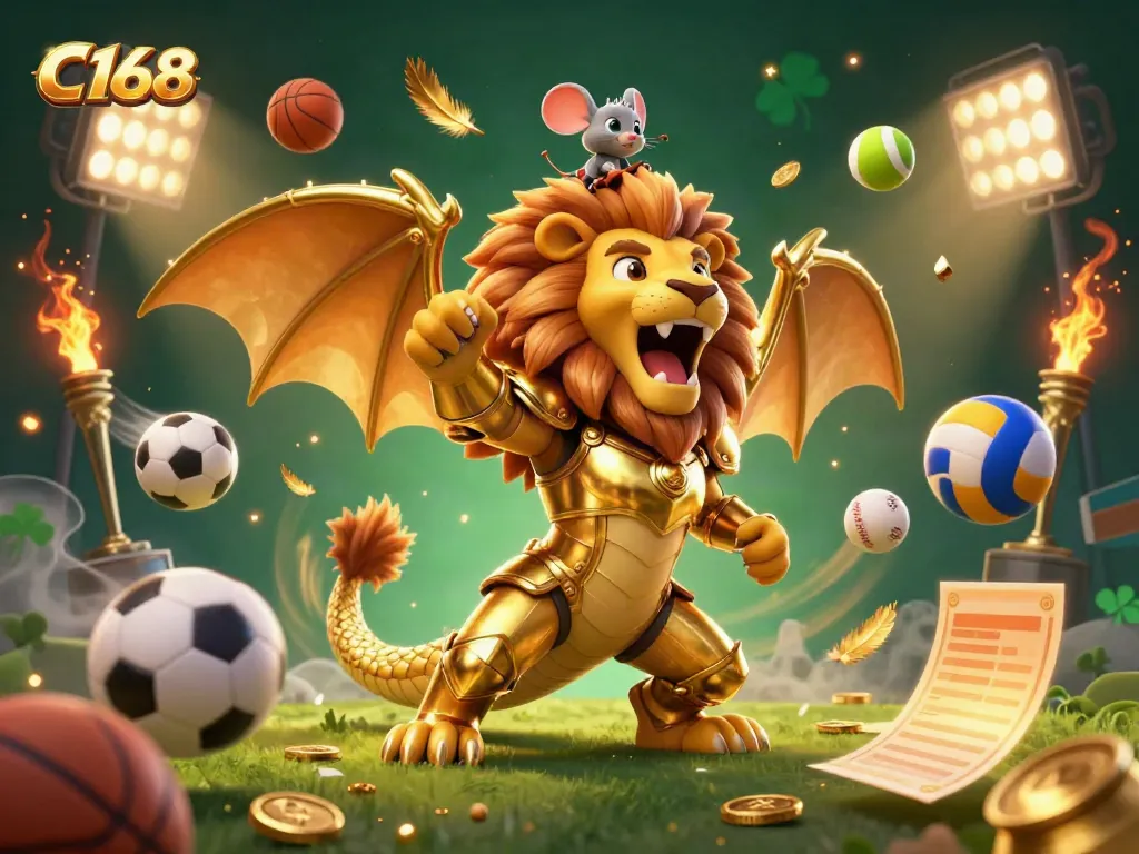 C168 features a golden chimera and a mouse jockey celebrating with sports balls and a trophy, symbolizing victory in gambling.