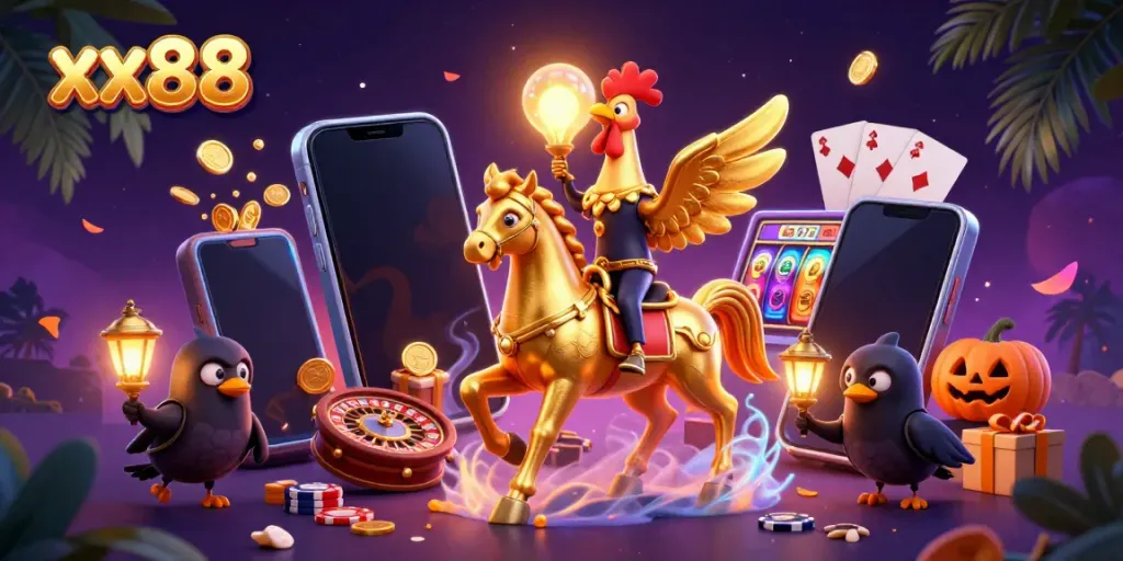 Experience gaming excitement with xx88, showcasing a golden rooster in a vibrant casino atmosphere.