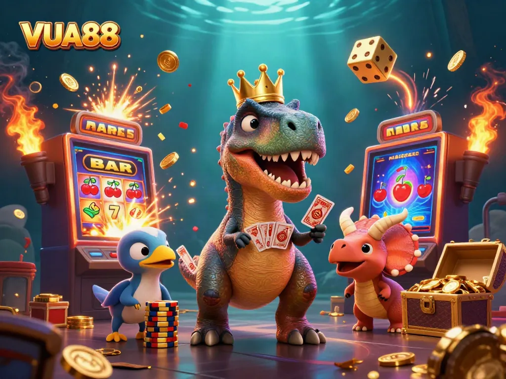 Experience VUA88's thrilling gaming world with cartoon dinosaurs and vibrant slot machine action.