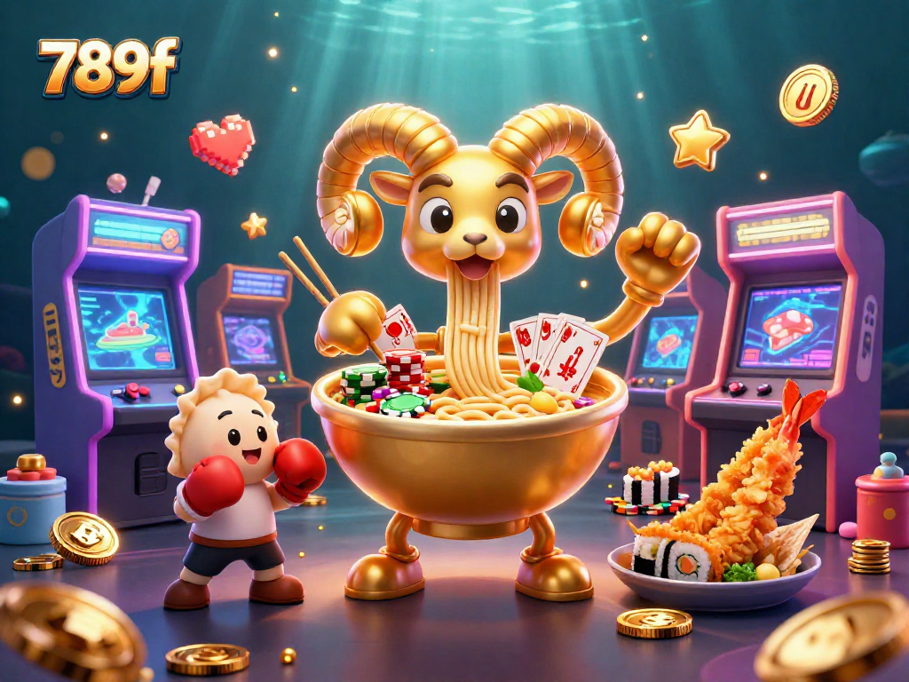 Engage with 789f's vibrant gaming universe featuring a giant ramen bowl and sushi dealer amidst colorful casino elements.