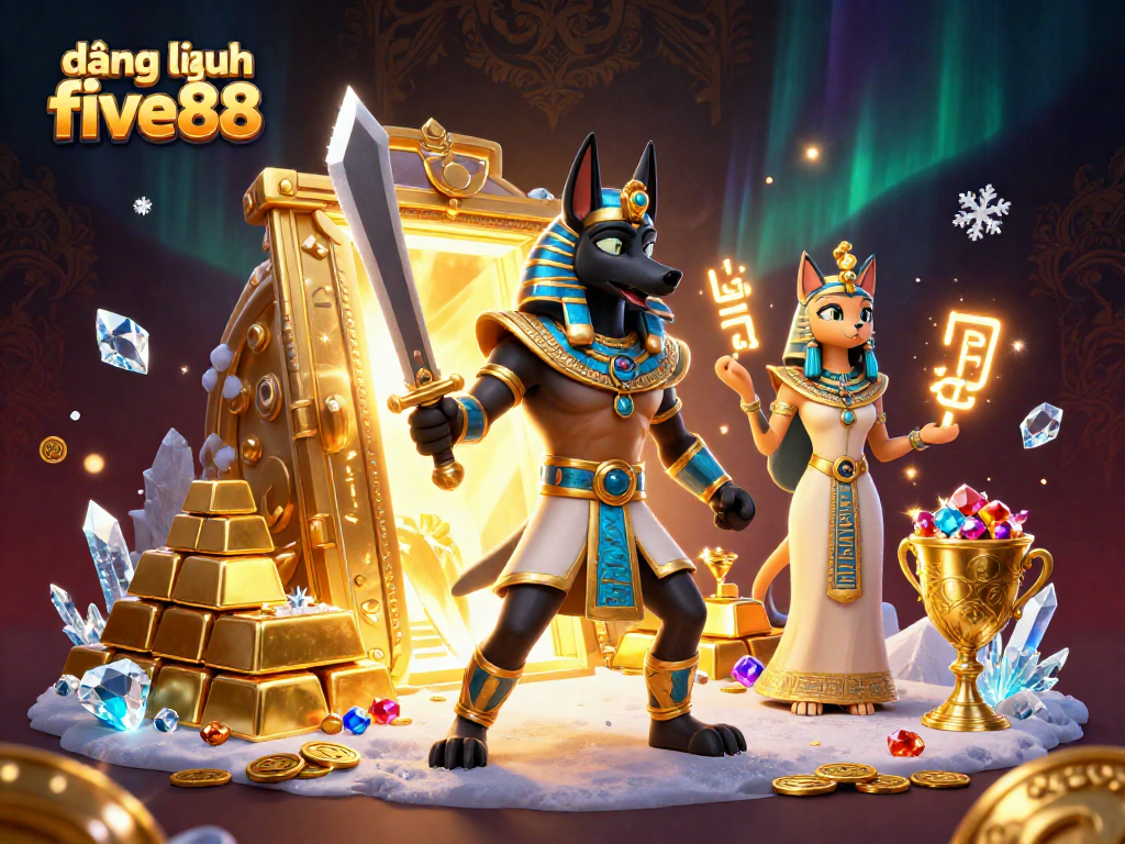 Experience the excitement of đăng nhập five88 with ancient warrior Anubis and treasures in vibrant 3D.