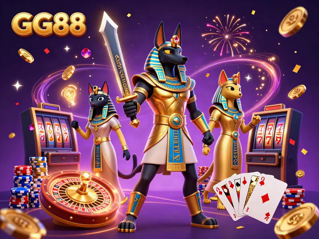 Engage in thrilling gaming experiences at GG88 with Anubis and Bastet amidst vibrant casino elements.