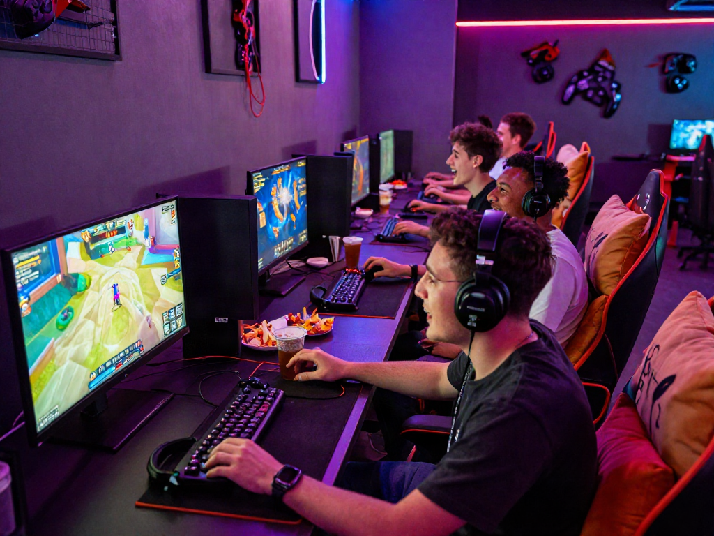 Exciting gaming lounge scene with diverse friends enjoying porn games and vibrant graphics.