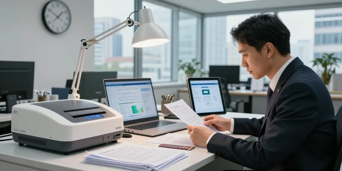 Document fraud detection process in a professional office, investigator analyzing various documents with high-tech equipment.