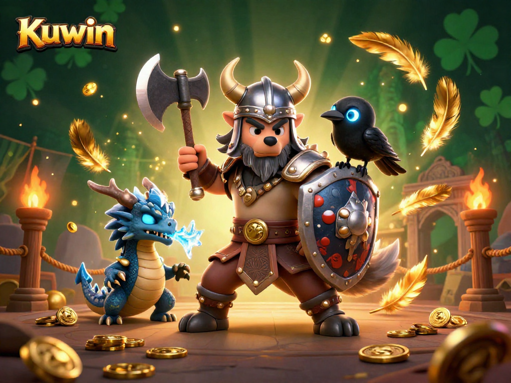 Kuwin Viking wolf warrior leads a fierce gaming scene with a dragon and raven amidst exciting casino elements.