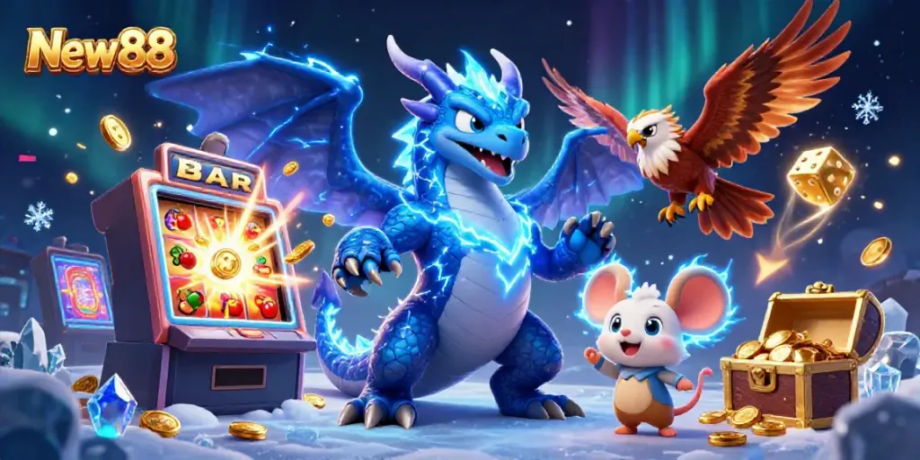 New88 showcases a vibrant and dynamic casino scene featuring a thunder dragon amidst slot machines and gold coins.