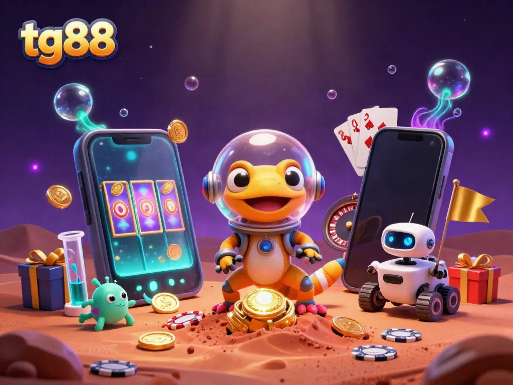 Experience tg88 with a Martian gecko exploring a golden casino amidst vibrant gambling elements.