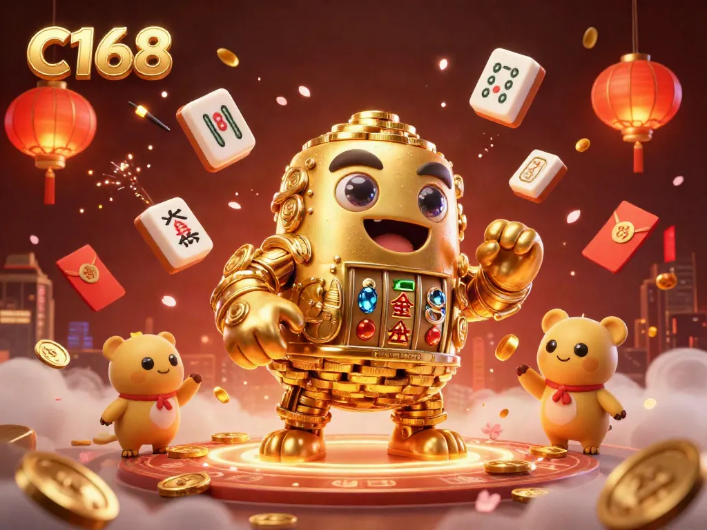 C168 offers vibrant online casino fun with a golden golem character amidst dynamic festive elements.