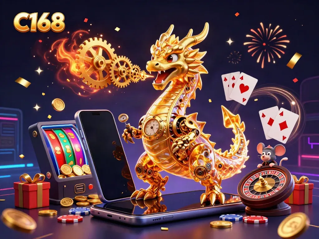 Experience C168's exciting gameplay with a golden dragon and slot game elements!