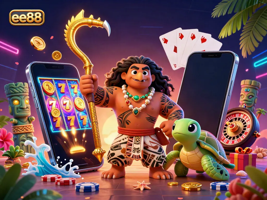 Engage in the exciting casino atmosphere with ee88 as a demigod hawk and turtle celebrate spinning slot games.