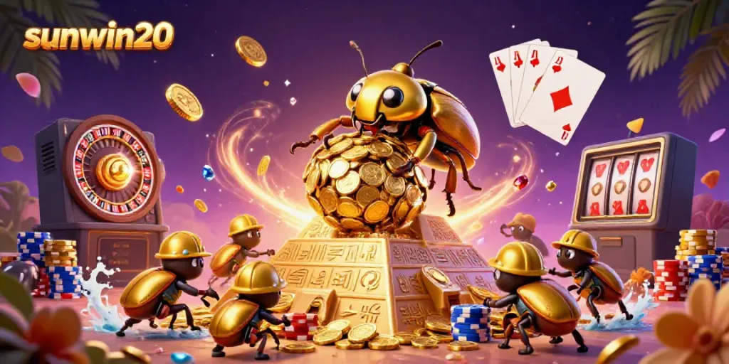 Experience the thrill of sunwin20 as golden beetles roll coins and casino symbols erupt in a vibrant scene.