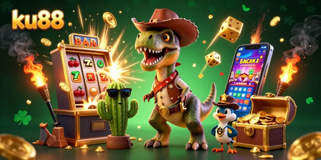 Experience thrilling gaming action with ku88 featuring a cowboy dinosaur and dynamic casino elements.