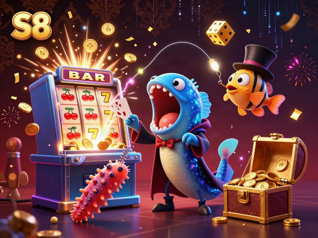 Experience thrilling S8 gaming fun with a magician eel and anglerfish in a vibrant casino underwater scene.