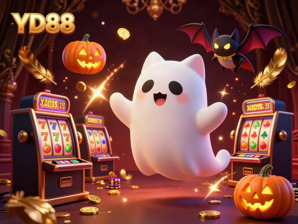 Experience the thrilling YD88 gaming atmosphere with a friendly ghost cat and vampire bat in a vibrant casino.