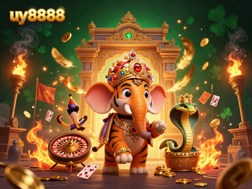 Experience the excitement of uy8888 with a vibrant online casino scene featuring a maharaja, elephant, and cobra.