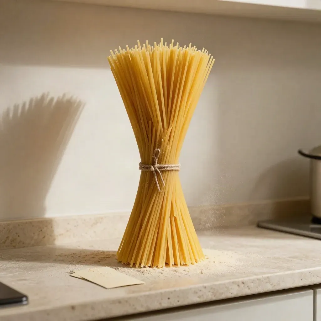 Fascio di spaghetti crudi sospeso su lino chiaro con card crema e luce morbida.