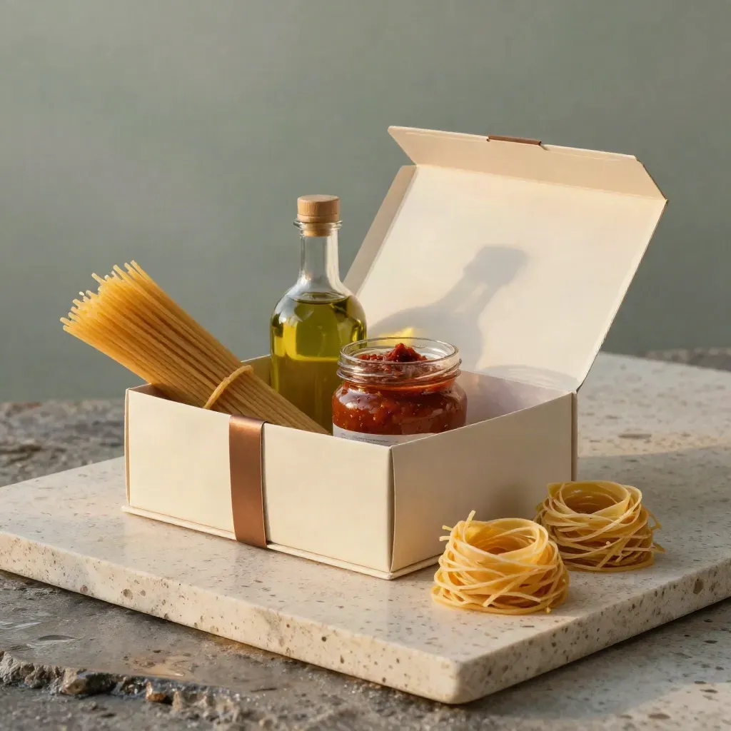 Box pasta e sugo artigianali aperto con spaghetti, sugo, olio EVO e nidi su travertino.
