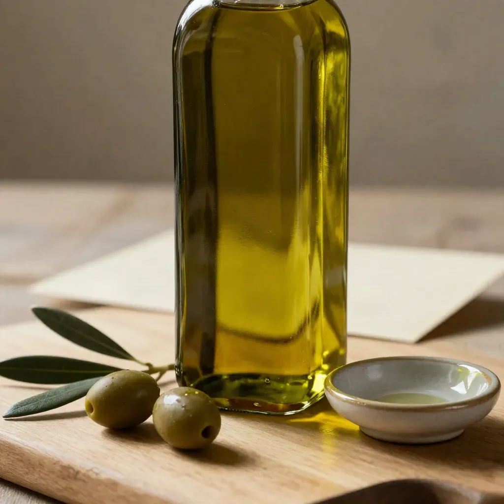 Bottiglia di olio EVO toscano con olive e foglie su tavola di rovere chiaro