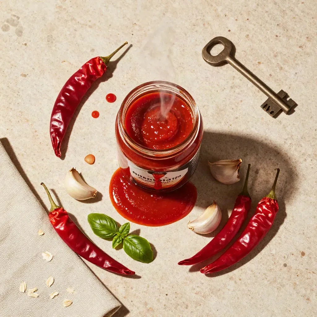 Vaso di sugo arrabbiata con peperoncini secchi e aglio su pietra chiara, vista dall’alto.