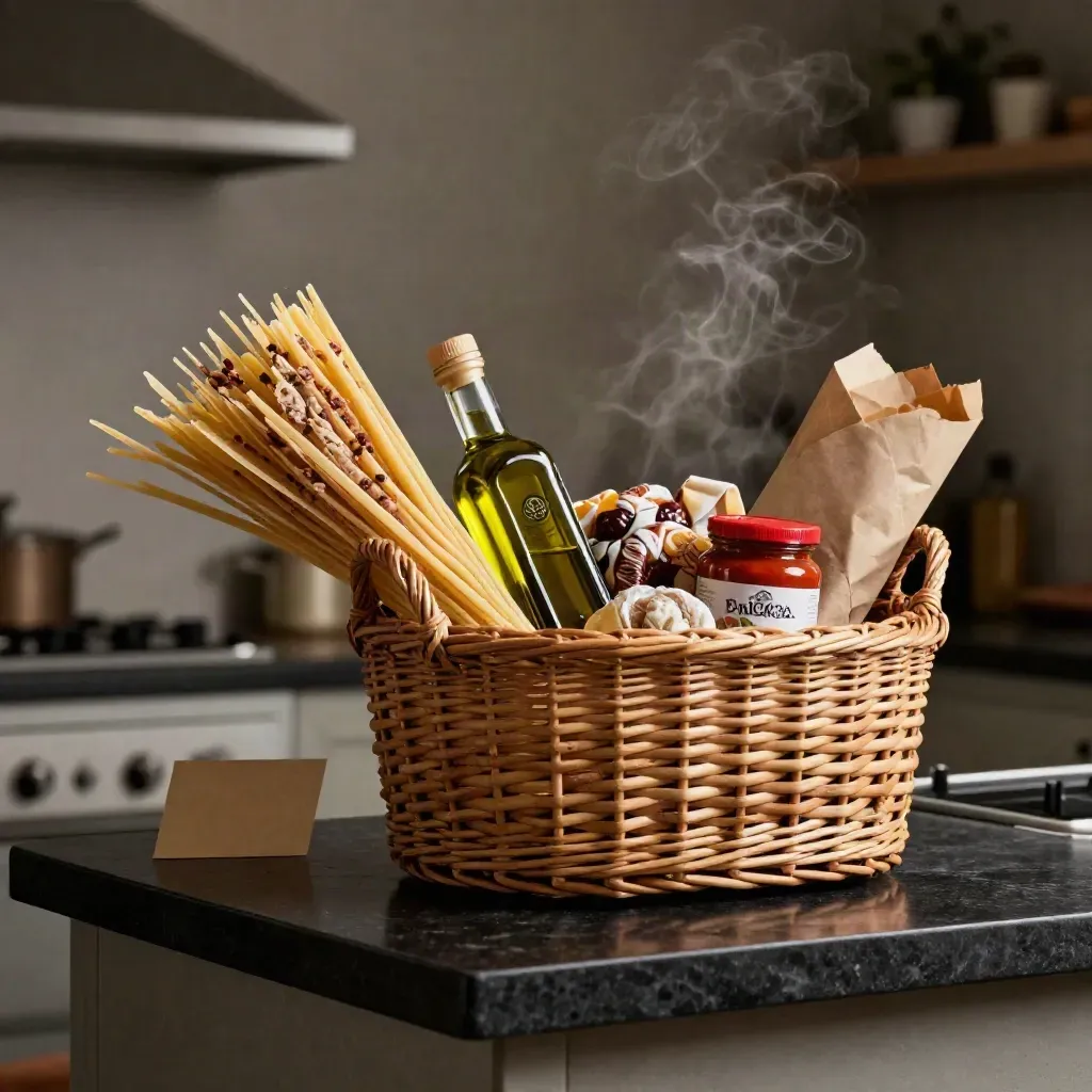 Cesto regalo in vimini con pasta, olio, sugo e dolci su credenza scura, luce drammatica