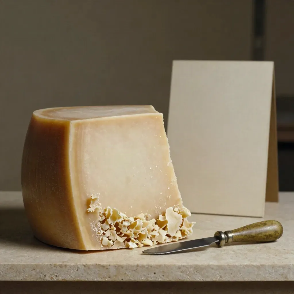 Forma di Parmigiano Reggiano con fetta aperta e scaglie su pietra chiara, luce soffusa.