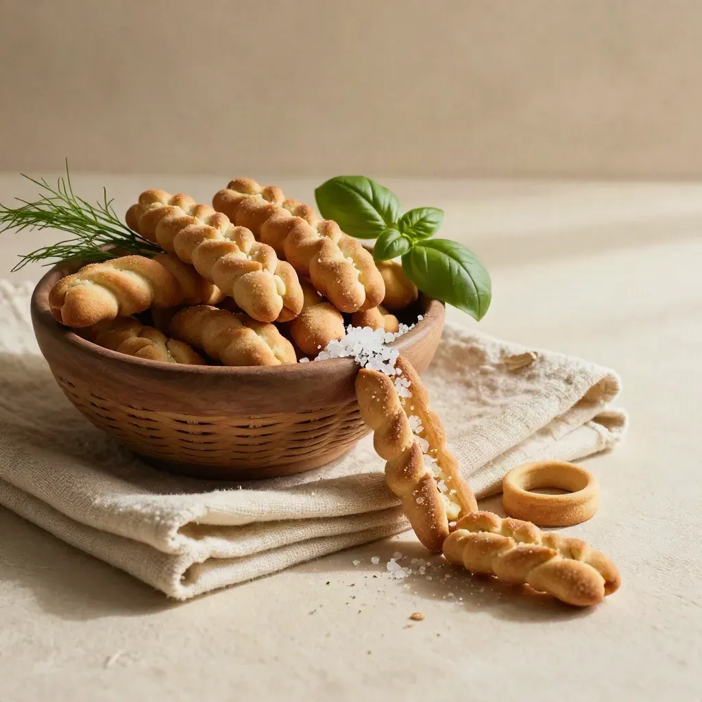 Taralli al finocchio in una ciotola intrecciata su lino chiaro, con finocchio e sale grosso.