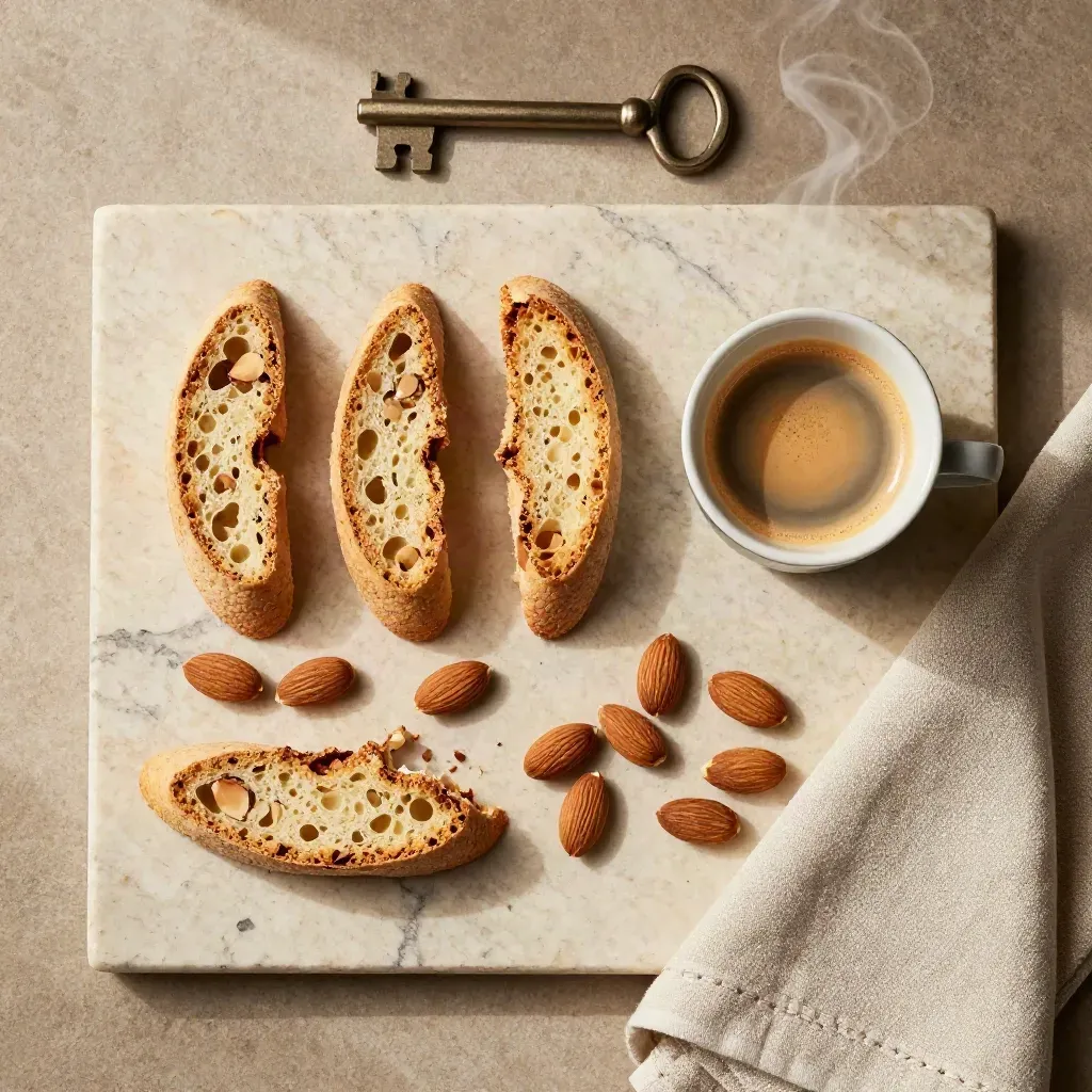 Cantucci alle mandorle con espresso, mandorle e tovagliolo di lino su pietra chiara.