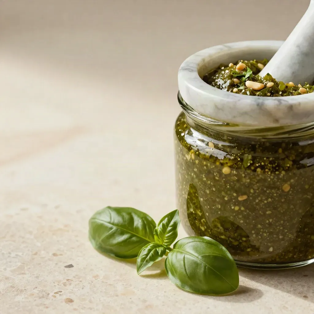 Barattolo di pesto al basilico con foglie di basilico e mortaio in marmo, luce radente.