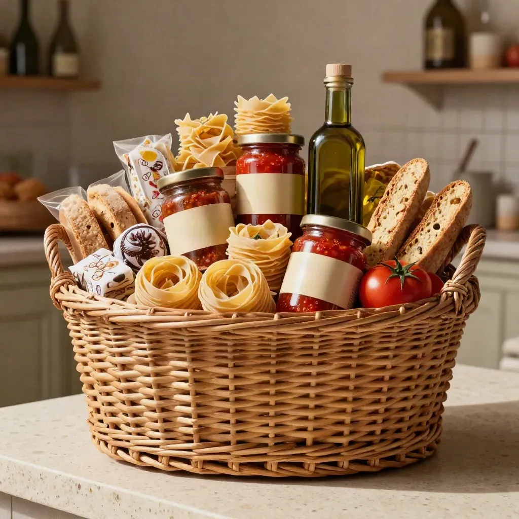 Cesto famiglia con pasta, sugo, olio e dolci regionali su base in vimini e travertino