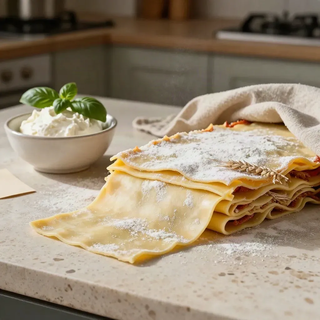 Sfoglie di lasagne fresche con ricotta e basilico su pietra chiara, in luce morbida