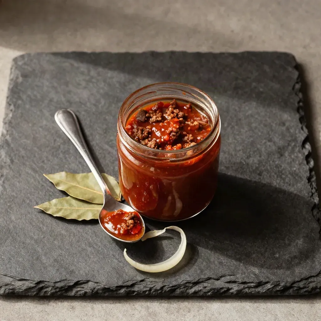 Vasetto di ragù artigianale con cucchiaio, alloro e buccia di cipolla su pietra scura.
