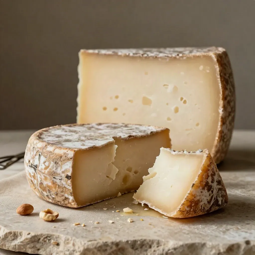 Pecorino sardo stagionato tagliato, crosta ruvida e noci salate su lino grezzo, luce radente.