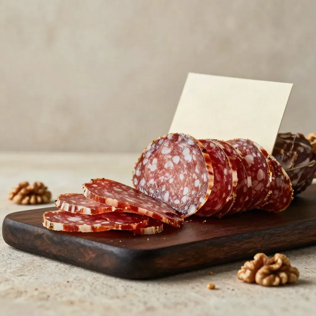 Salame Napoli affettato in spirale su tagliere scuro, luce morbida e atmosfera fumosa.
