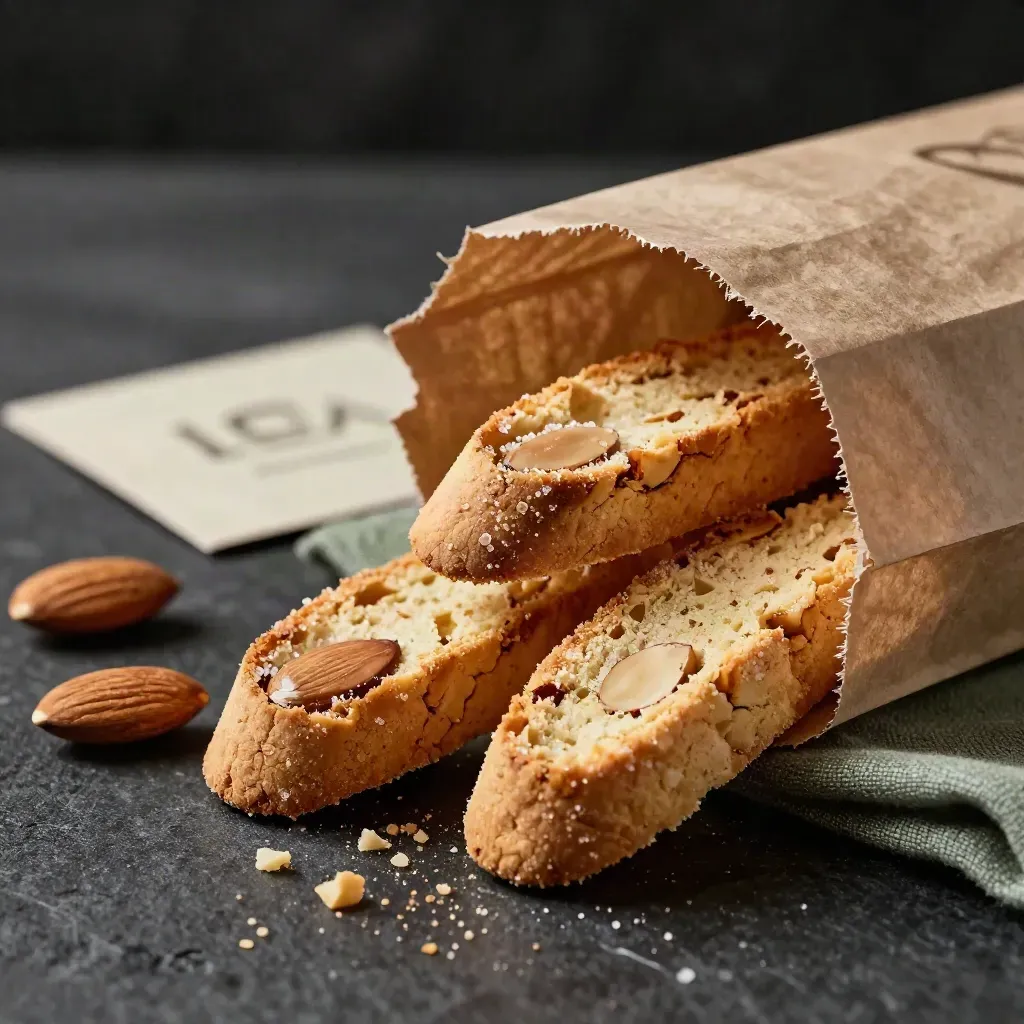 Biscotti di mandorla in sacchetto strappato con mandorle e briciole su fondo nero