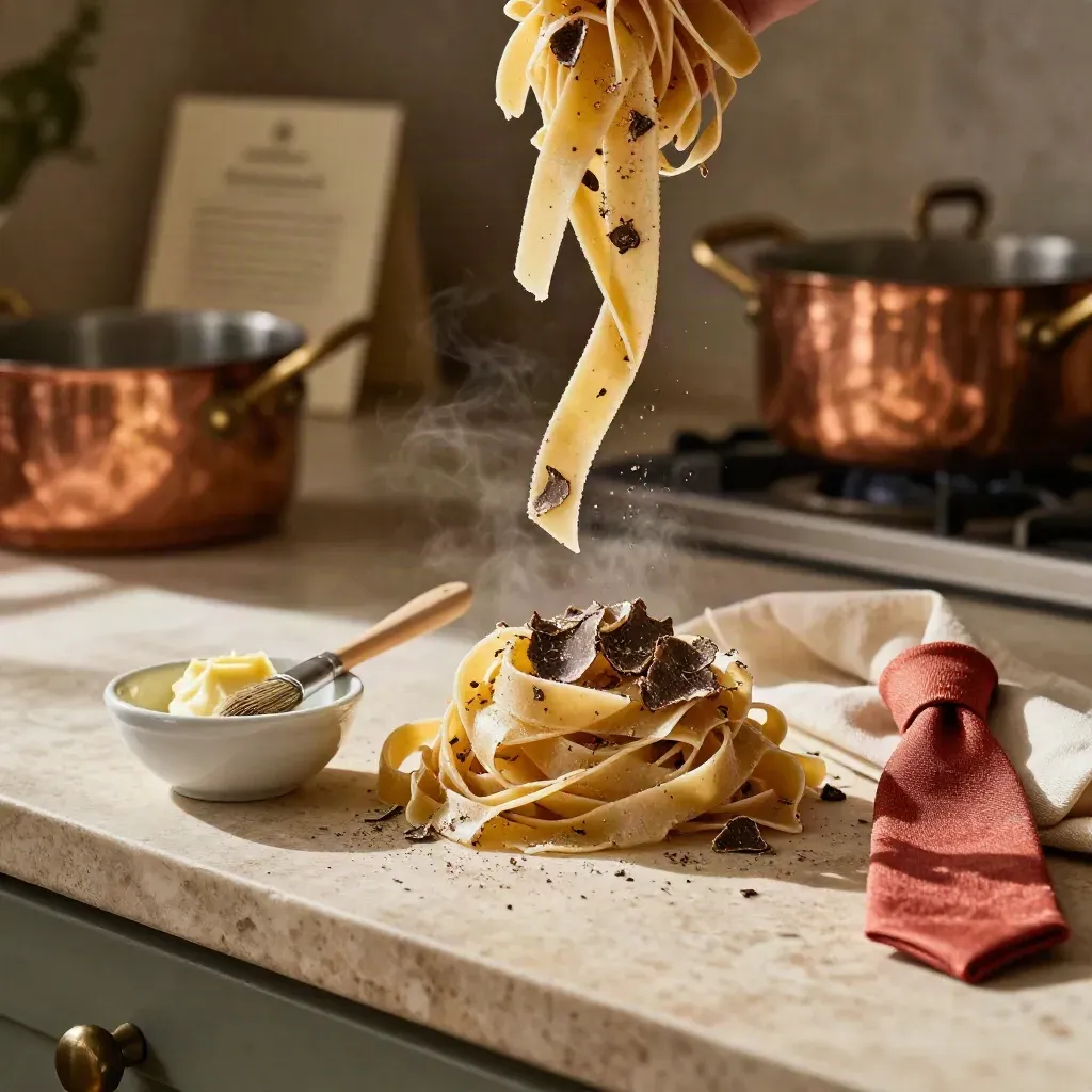Fettuccine al tartufo su lino crema con burro, pennellino e scaglie di tartufo